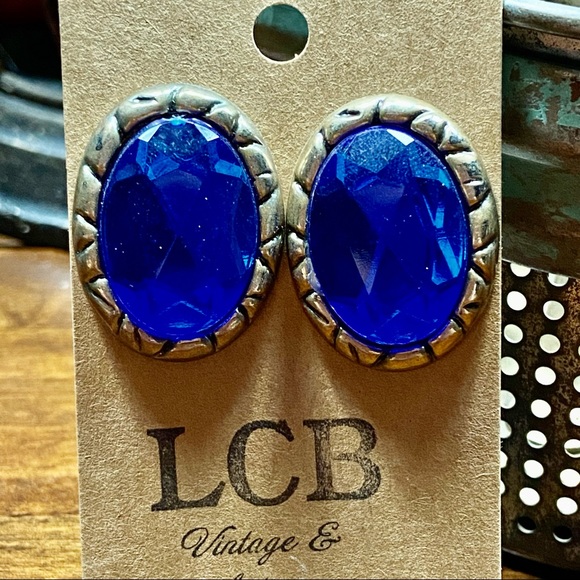 Vintage Silver and Blue Geometric Oval Large Statement Button Earrings - Picture 6 of 8